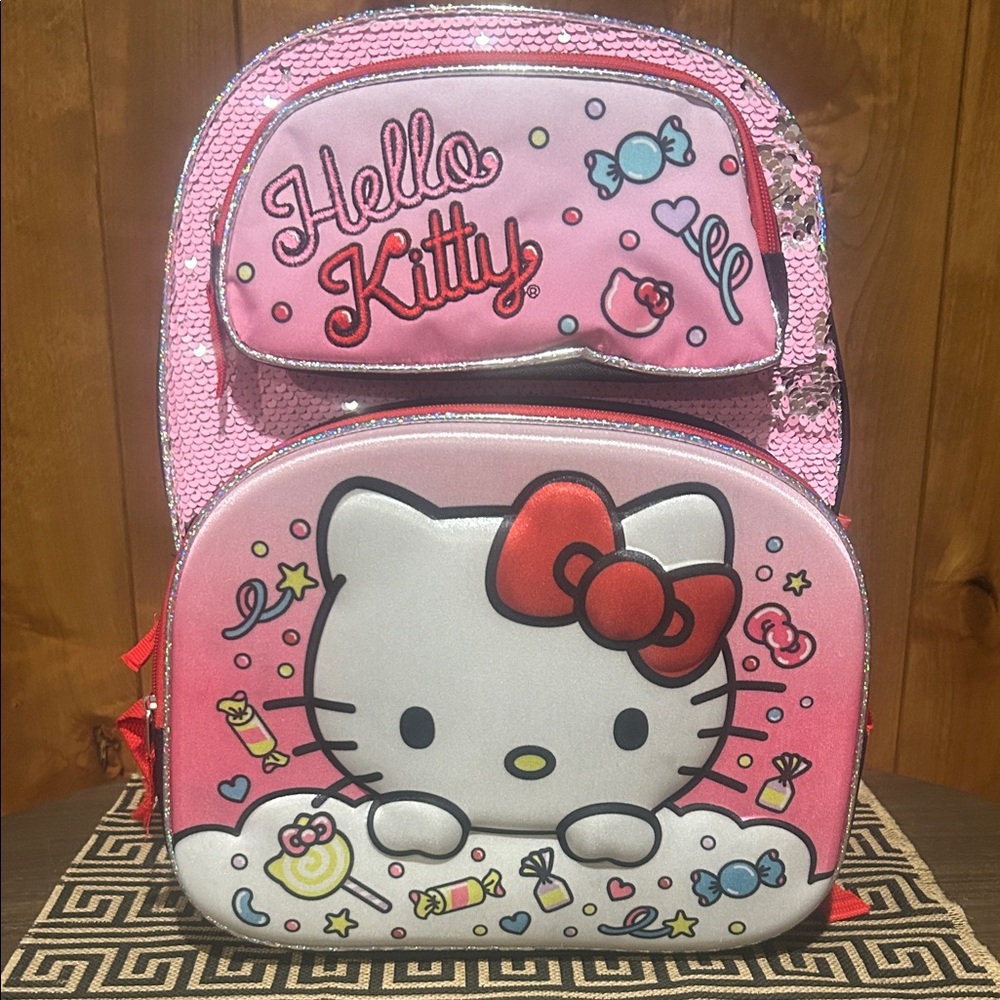 Hello Kitty Pink Sequin Kids School Backpack with Red Bow Accent